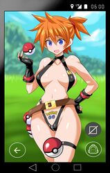 1girls alternate_breast_size anime_style belt big_breasts bikini black_bikini black_bra black_gloves blue_eyes blush camera female female_only gloves grass handwear human kasumi_(pokemon) konno_tohiro large_breasts misty_(pokemon) nintendo orange_hair pokeball pokemon pokemon_go pokemon_rgby ponytail simple_background sky sling_bikini solo string_bikini string_bra string_panties surprised tattoo the_electric_tale_of_pikachu video_camera video_game video_games rating:Questionable score:147 user:Misty_lover