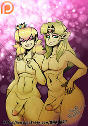 2018 2boys arm_around_shoulders balls blonde blonde_hair blue_eyes crown death_battle earrings femboy genderswap genderswap_(ftm) girly long_hair looking_at_viewer male male_focus male_only mario_(series) multiple_boys naked nintendo nipples nude nude_male onat onatart patreon penis princess_peach princess_zelda purple_background red_eyes rule_63 simple_background smile smiling smiling_at_viewer standing the_legend_of_zelda trap video_games watermark zelda_(a_link_between_worlds) rating:Explicit score:78 user:Sliated