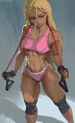 2d abs absurdres artist_name blonde_hair braids breasts brown_eyes cutesexyrobutts dark-skinned_female dark_skin female female_focus female_only gym_equipment gym_uniform muscles muscular_female muscular_thighs navel original solo thong toned watermark rating:Explicit score:267 user:R-998