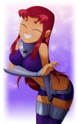 1girls alien_girl big_breasts boots closed_eyes cute dc female female_focus female_only green_eyes large_breasts long_hair orange_skin ravenravenraven red_hair smile solo solo_female solo_focus starfire teen_titans rating:Questionable score:222 user:Deku51