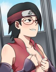 1girls black_eyes black_hair blush boruto:_naruto_next_generations breasts cleavage clothing eunnie female female female_only forehead_protector glasses grin headband jacket naruto naruto_(series) no_bra open_clothes open_jacket open_shirt sarada_uchiha seductive seductive_smile short_hair sideboob sleeveless_shirt sleeves small_breasts solo solo_female solo_focus undressing rating:Explicit score:68 user:pennyken