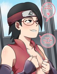 1girls black_eyes black_hair blush boruto:_naruto_next_generations breasts cleavage clothing dialogue english_text eunnie female female_only forehead_protector glasses grin headband imminent_sex jacket naruto naruto_(series) no_bra open_clothes open_jacket open_shirt sarada_uchiha seductive seductive_smile short_hair sideboob sleeveless_shirt sleeves small_breasts solo solo_female solo_focus text undressing uzumaki_naruto rating:Explicit score:191 user:pennyken