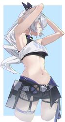  absurdres armpits arms_up bare_arms bare_shoulders black_shorts commentary crop_top cropped_legs female highres honkai:_star_rail honkai_(series) jaihu long_hair midriff navel ponytail shirt short_shorts shorts silver_wolf_(honkai:_star_rail) solo standing stomach very_long_hair white_hair white_shirt  rating:safe score: user:bot