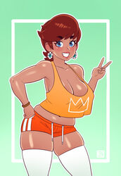 1girls alternate_costume alternate_hairstyle belly big_breasts blue_eyes breasts brown_hair brunette cleavage clothed clothed_female earrings female female_focus female_only fully_clothed gradient_background green_background grin hand_on_hip huge_breasts large_breasts looking_at_viewer love_handles mario_(series) midriff muffin_top nintendo photo princess_daisy rizdraws short_hair short_shorts shorts simple_background skindentation slightly_chubby smile smiling smiling_at_viewer solo solo_female standing tank_top teeth thighhighs thighs tomboy v video_games yellow_tank_top zettai_ryouiki rating:Safe score:285 user:justausername