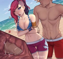 1boy 1girls anal anal_fingering anus arms_crossed beach bikini_top blue_eyes blush breasts cleavage clothed color curvy female fiora_laurent heart-shaped_pupils large_breasts league_of_legends male muscular_male one_eye_closed pool_party_fiora pool_party_series public purple_hair satanya stealth stealth_fingering stealth_sex straight swimming_trunks thigh_gap topless two_tone_hair under_clothes undercut wide_hips rating:Explicit score:299 user:ScipioMaior