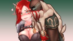 big_breasts breasts cleavage dark-skinned_male dark_skin dochi facial_scar female green_eyes heart-shaped_pupils hugging imminent_sex interracial katarina_du_couteau league_of_legends male pyke red_hair scar undead rating:Questionable score:49 user:MusaTheGreat