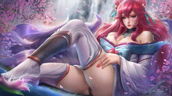 ahri big_breasts big_butt black_panties blue_eyes feet flower fox_ears fox_girl fox_tail kimono league_of_legends panties pantyshot red_hair spirit_blossom_ahri spirit_blossom_series white_legwear windwalker rating:Explicit score:162 user:ChaosFaction