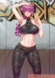 1girls big_breasts evelynn fully_clothed gonster k/da_evelynn k/da_series large_breasts league_of_legends long_hair midriff navel phone purple_hair selfie standing sweat thick_thighs tight_clothes wide_hips yellow_eyes rating:Explicit score:254 user:slashfuck