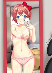 1girls arm_covers_breast blue_eyes bow breasts covered_nipples covering_breasts doki_doki_literature_club eyebrows_visible_through_hair hairbow iphone just_sayori looking_at_viewer mirror mr._cow_(doki_doki_literature_club) panties pink_panties red_bow sayori_(doki_doki_literature_club) selfie smile solo solo_female solo_focus strawberry_blonde_hair thigh_gap thighs white_bow zedxxx rating:Explicit score:184 user:JustAnotherSayoriFan