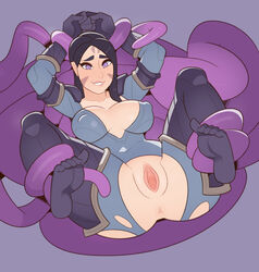 1girls anus arms_above_head biting_lip black_hair bodysuit bondage breasts cleavage erect_nipples face_markings feet female foot_fetish kai'sa league_of_legends nipples pussy restrained skin_tight splashbrush spread_pussy tentacle tentacle_sex torn_clothes rating:Explicit score:180 user:robotika2