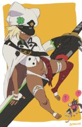 1girls barefoot cape dark_skin fingerless_gloves from_above guilty_gear guilty_gear_strive hat pulling pussy pussy_juice ramlethal_valentine shorts shorts_pull sitting sol_badguy solo starhump wet rating:Explicit score:103 user:robotika2