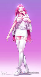 1girls big_breasts bustier corset high_heels_boots jacket_on_shoulders pink_hair sayuridrawsthings skirt solo stockings thick_thighs undress_character white_clothing rating:Explicit score:31 user:sayuridrawss