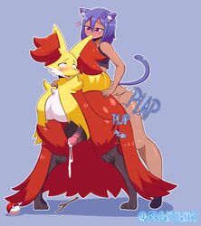 1boy 1futa ahe_gao ambiguous_penetration androgynous anthro anthrofied big_breasts blush cat_ears dark-skinned_male dark_skin delphox ejaculation_while_penetrated femboy femboy_on_futa fox fox_ears fox_tail frowntown futanari heart humanoid interspecies male male_on_anthro male_on_futa nintendo original_character pleasure_face pokemon pokemon_xy pokephilia purple_eyes purple_hair red_eyes thick_thighs two_tone_fur wide_hips yellow_fur rating:Explicit score:98 user:Ugabuga