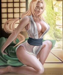 1girls barefoot big_breasts blonde_hair bottomless breasts brown_eyes cleavage feet female female_only forehead_jewel fully_clothed haori indoors kimono kneeling lipstick long_hair makeup naruto naruto_(series) naruto_shippuden raised_leg short_kimono solo solo_female tied_hair tsunade twintails undressing wikusa rating:Questionable score:91 user:UnrealHarbor