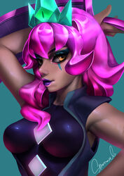 arcade_series battle_boss_qiyana league_of_legends lipstick makeup pink_hair qiyana_yunalai sparrowl tagme rating:Safe score:46 user:andjoy