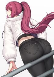 1girls ass ass_support bangs black_pants black_ribbon blue_pants blush casual curvy dat_ass denim evan_yang eyebrows eyebrows_visible_through_hair eyelashes eyelashes_visible_through_hair fate/grand_order fate_(series) female_ass from_behind hair_between_eyes hair_ribbon highres jacket jeans large_breasts long_hair long_sleeves looking_at_viewer looking_back midriff open_mouth pants pantylines parted_lips ponytail purple_hair railing red_eyes ribbon scathach_(fate) shirt sidelocks simple_background solo thighs tight_jeans tight_pants very_long_hair white_background white_jacket wide_hips rating:Questionable score:386 user:BB7