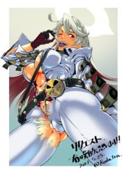 ahoge ass_visible_through_thighs belt belt_buckle black_belt black_gloves bodysuit bondage bound breasts buckle candy center_opening cleavage colored_inner_hair commentary_request crotch_rope female food from_below gloves grey_hair guilty_gear guilty_gear_xrd gyaru halo highres jack-o'_valentine koda1ra large_breasts lollipop long_hair loose_belt multicolored_hair naughty_face navel nipple_slip nipples no_bra no_panties pussy_juice pussy_peek red_eyes red_hair solo sweat thick_thighs thighs tongue tongue_out torn_bodysuit torn_clothes upper_teeth white_bodysuit rating:Explicit score:50 user:bot