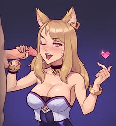 1boy 1girls ahri blowjob breasts cleavage fellatio female holding_penis k/da_ahri k/da_series league_of_legends penis saliva saliva_trail sneakveek rating:Explicit score:100 user:bokunoevangelion