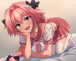 1boy absolute_territory all_fours asada_hachi astolfo_(fate) bed_sheet blush braid braided_hair braided_ponytail clavicle clothing collarbone crossdressing cute_fang down_blouse fang fate/grand_order fate_(series) femboy flat_chest girly light-skinned_male light_skin looking_at_viewer male male_only pink_eyes pink_hair pleated_skirt school_uniform skirt solo thighhighs trap zettai_ryouiki rating:Safe score:265 user:crazybaby