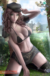 1girls bikini_top bra brown_hair detailed_background dorothea_arnault female fire_emblem fire_emblem:_three_houses green_eyes hat large_breasts lepypepy lips long_hair looking_at_viewer midriff nintendo on_knees outdoors skirt solo thick_lips thighs rating:Explicit score:61 user:kris923