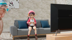 16:9 1boy 2girls 3d black_hair breasts callie_(splatoon) cap cephalopod cephalopod_humanoid clothing controller couch earrings fangs from_behind gaming humanoid jacket jos_bobot large_penis lifting living_room looking_up marie_(splatoon) marie_(wo262) nintendo nipples oblivious_woman_in_glasses_playing_video_games_(meme) out_of_frame penetration penis pillow pointy_ears shoes socks splatoon squid_sisters star_shaped_pupils stealth_sex tv uncensored vaginal_penetration white_hair yellow_eyes rating:Explicit score:62 user:Slimey_