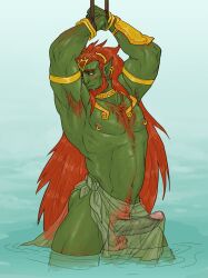  1boy 1male background chest_hair color dark_green_skin earrings erect_penis erection ganondorf golden_bracelets golden_earrings green_skin hairy_chest hairy_testicles lake large_penis large_testicles male_nipples male_only nipple_piercing pencilbrusch penis penis_visible_through_loincloth pubes pubic_hair red_hair solo solo_male testicle_hair testicles the_legend_of_zelda water  rating:explicit score: user:bot