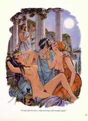 1boy 2girls ancient_greece beard black_hair blonde_hair breasts clothed clothed_female_nude_female clothed_male_nude_female clothing colored curly_hair doug_sneyd exposed_breasts ffm_threesome greek_mythology historical humor kiss kissing male night nipples outdoors page_129 pubic_hair straight text threesome traditional_art traditional_media_(artwork) watching rating:Explicit score:80 user:vaizard