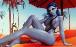 1girls 3d barefoot beach blizzard_entertainment earrings female female_only joelgraphz lounge_chair noahgraphicz overwatch painted_nails sling_bikini solo swimsuit tagme widowmaker rating:Questionable score:287 user:Joelgraphz