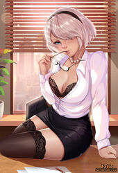 1girls beauty_mark big_breasts blue_eyes bob_cut breasts cleavage exlic eyewear female female_only glasses glasses_removed glasses_touching_lip headband lacey_bra large_breasts lingerie looking_at_viewer mole_under_mouth necklace nier nier:_automata pearl_necklace seductive_look shirt_unbuttoned short_hair solo solo_female stockings sucking_glasses thick_thighs thighhighs white_hair wide_hips yorha_2b rating:Questionable score:329 user:justausername