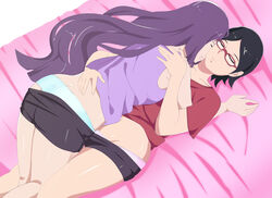 2girls ass bed black_hair boruto:_naruto_next_generations closed_eyes clothing female female_only glasses hugging kakei_sumire lickliking lying lying_on_person naruto naruto_(series) on_bed panties panties_down purple_hair sarada_uchiha shirt shorts shorts_down smile tank_top yuri rating:Questionable score:148 user:UnrealHarbor