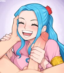 1boy 1girls 2d afrobull big_breasts big_penis blue_hair closed_eyes clothed clothed_female clothed_female_nude_male cock cute dick female female_focus hand_on_head handjob happy holding_penis huge_cock light-skinned_male light_blue_hair light_skin long_hair male nefertari_vivi nsfw nude nude_male one_piece pale-skinned_female pale_skin penis penis_grab simple_background straight watermark wholesome rating:Explicit score:551 user:Deku51