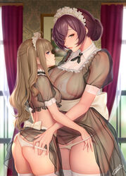 2girls after_kiss age_difference ass big_breasts bra breasts brown_hair collared_dress commentary_request cowboy_shot dress female female/female female_only hair_bun hands_on_ass height_difference hug huge_breasts indoors large_breasts larger_female lingerie long_hair maid maid_headdress masami_chie midriff multiple_girls nipples_visible_through_clothing original panties purple_eyes purple_hair saliva saliva_trail see-through sheer sheer_clothing size_difference skindentation small_breasts smaller_female stockings thighhighs tight_underwear underwear white_bra white_legwear white_panties wide_hips yellow_eyes yuri rating:Explicit score:445 user:roikavelroika