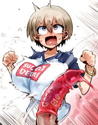 1boy 1girls ahegao alternate_eye_color big_penis blush breast_slap cock_slap condom doppel female funny funny_face grey_eyes grey_hair huge_breasts huge_cock large_breasts large_penis penis_slap penis_slapping_breast sakurai_shinichi shirt slapping_breasts uzaki-chan_wa_asobitai! uzaki_hana veiny_penis rating:Explicit score:600 user:Ugabuga