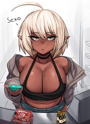 ahoge big_breasts black_tank_top bob_cut bob_hair breasts bright_pupils buying_condoms choker cleavage condom_box condom_packet dark-skinned_female dark_elf dark_skin denim_shorts earrings elf eyebrows_visible_through_hair female female_only green_eyes kevbot kuu_(zanamaoria) large_breasts looking_at_viewer mole mole_on_breast mole_on_shoulder off_shoulder original original_character pointy_ears pov pov_eye_contact smartphone solo store tank_top two_tone_eyes unamused white_hair yellow_eyes zanamaoria rating:Questionable score:480 user:!nner$elf89