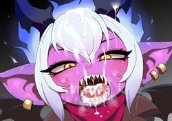 1girls cum cum_in_mouth cum_on_face cum_on_hair cum_on_head cum_on_horn league_of_legends little_demon_tristana looking_at_viewer looking_pleasured looking_up orange_eyes papershounen purple_skin saliva_on_tongue short_hair tongue_out tristana white_hair yordle rating:Explicit score:172 user:Cranium