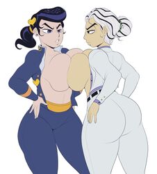 2girls big_breasts braless detnox diamond_is_unbreakable favorite huge_ass huge_breasts jojo's_bizarre_adventure josuke_higashikata kosaku_kawajiri pompadour pressing_breasts_together rule_63 school_uniform shounen_jump suit symmetrical_docking thick_thighs white_background white_hair yoshikage_kira yuri rating:Explicit score:250 user:Zhidayu