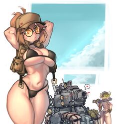 <3 2girls ammo_belt ammunition arms_above_head arms_behind_back arms_behind_head arms_up ass back back_muscles backboob bandana bandolier bangs big_ass big_breasts big_butt bikini black_bikini blonde_hair blue_sky blush blush_lines breasts brown_eyes brown_hair cap casual choker cleavage clothing cloud clouds discarded_clothing eri_kasamoto eyewear facing_away facing_away_from_viewer female female_focus female_only fio_germi firearm glasses gloves green_gloves ground_vehicle gun hand_on_hip hat heart highres human kelvin_hiu large_breasts light-skinned_female light_skin load_bearing_vest metal_slug micro_bikini military military_vehicle motor_vehicle multiple_girls muscles muscular muscular_female navel orange-tinted_eyewear overflowing_breasts pale_skin pockets ponytail round_glasses shotgun shotgun_shells shoulder_blades simple_background sky snk soft soft_breasts spoken_heart standing strap_gap sunglasses sweat sweating swimsuit swimwear tank thick_thighs thighs thong thong_bikini_bottom tied_hair tinted_eyewear underboob weapon rating:Questionable score:278 user:Shaded_Cube