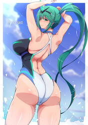 1girls arms_up ass back back_view female green_hair looking_at_viewer looking_back nintendo one-piece_swimsuit pneuma ponpo ponytail sideboob solo solo_female swimsuit xenoblade_(series) xenoblade_chronicles_2 rating:Questionable score:81 user:BitchyMythra