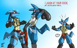 angry anthro blush breasts bulge clothes color cum english_text erection female fur furry hand_behind_head lucario male multiple_males muscles nipples penis pokemon standing tagme text rating:Explicit score:3 user:bot