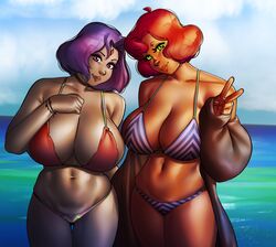 2020 2girls 5_fingers alien alternate_breast_size beach big_breasts bikini breasts cleavage clothed clothes cloud dc dc_comics demon demon_girl detailed_background female female_only forehead_jewel green_eyes grey_skin hair head_tilt huge_breasts humanoid large_breasts looking_at_viewer navel obese orange_skin outside overweight pale-skinned_female pale_skin ph purple_eyes purple_hair raven_(dc) red_hair short_hair sky smile smiling standing starfire superheroine swimwear teen_titans thick_thighs v voluptuous water wide_hips rating:Questionable score:189 user:justausername