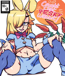 blonde_hair blue_eyes bowtie bulge bunny_boy bunny_ears carrot doujinshi_cover erection erection_under_clothes femboy freckles girly hair_over_one_eye highres humanoid legwear lipstick long_hair male_only pink_nail_polish rabbit rabbit_humanoid shorts solo speedosausage trap wrist_cuffs rating:Questionable score:140 user:!nner$elf89