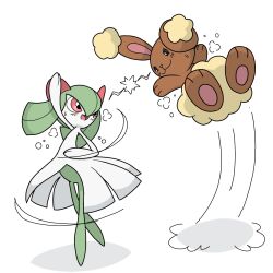  2others :3 arms_up ballet brown_fur buneary colored_skin dancing green_hair green_skin heavy_breathing highres jumping kirlia medium_hair monya multiple_others no_humans pokemon red_eyes rivalry smile sweatdrop tiptoes white_skin yellow_fur  rating:questionable score: user:bot