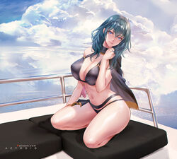 1girls artist_name azto_dio bangs bare_legs bikini black_bikini black_cape black_swimsuit blue_eyes blue_hair blush boat breasts byleth_(fire_emblem) byleth_(fire_emblem)_(female) byleth_(summer)_(fire_emblem)_(female) cape cleavage cloud cloudy_sky day detached_collar female female_focus female_only fire_emblem fire_emblem:_three_houses fire_emblem_heroes full_body hand_up head_tilt highres huge_breasts kneeling large_breasts long_hair looking_at_viewer navel nintendo outdoors ship sky smile solo stomach swimsuit tassel thighs rating:Explicit score:94 user:Ponic5