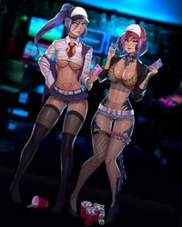 2girls abs arcade au_ra belt blue_eyes blue_hair boots choker cleavage clothing collar condom condoms cups decima final_fantasy final_fantasy_xiv fingernails fish gold_eyes hat highres horn horns huge_breasts inhoso jacket jeans jewelry kneehighs large_breasts legs lipstick nipples phone pink_hair pubic_tattoo scales see-through selfie sin_faye skirt smile stockings tail tattoo thick_thighs thighhighs tie underboob xaela rating:Explicit score:193 user:aajaxx