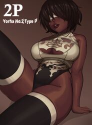 1girls alternate_color alternate_costume alternate_skin_color big_breasts black_hair breasts cleavage dark-skinned_female dark_skin female female_only kevbot large_breasts looking_at_viewer nier:_automata short_hair solo thighhighs very_dark_skin yorha_2p rating:Questionable score:291 user:justausername