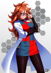 android_21 android_21_(human) black_legwear breasts brown_hair clothed clothing dragon_ball dragon_ball_fighterz female female_only glasses jadenkaiba white_coat rating:Safe score:47 user:bigDickShayver