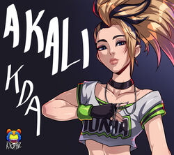 1girls akali black_hair blonde_hair blue_eyes choker egirl eyelashes eyeshadow female k/da_akali k/da_series kyoffie league_of_legends light_skin looking_at_viewer pale_skin ponytail skinny slim tagme two_tone_hair rating:Questionable score:72 user:UsuarioX22