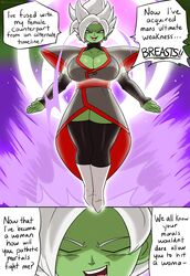 >:d 1girls aura big_breasts black_socks breasts bust busty comic core_person dragon_ball dragon_ball_super english_text evil evil_smile eyes_closed female female_focus female_on_top female_only female_zamasu fusion goddess green_skin halo humanoid insult jinu long_socks looking_down looking_pleasured nightmare_waifu pointy_ears rule_63 solo solo_female solo_focus speech_bubble spiky_hair super_saiyan super_saiyan_rose thick thick_thighs thighs white_boots white_hair zamasu rating:Explicit score:252 user:FapFan32