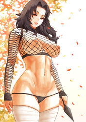 1girls bandaged_leg bandages black_hair crop_top curvy curvy_figure cutesexyrobutts_(style) female female_only fishnet_shirt fishnets holding_object konohagakure_symbol kunai kunoichi kurenai_yuhi large_breasts leaf leaves_in_hair lipstick long_hair long_sleeves makeup mature mature_female midriff muscular muscular_female naruto naruto_(series) naruto_shippuden nipples no_bra outdoors panties parted_lips red_eyes revealing_clothes see-through solo_focus thighs thong tree underwear weapon wide_hips yuuhi_kurenai zefra_bleu rating:Explicit score:524 user:VenomFate