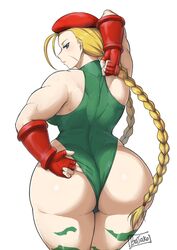 1girls antenna_hair ass backboob bare_shoulders batako beret blonde blonde_hair blue_eyes braid breasts cammy_white capcom from_behind gloves green_leotard hat huge_ass long_hair looking_at_viewer looking_back medium_breasts pale_skin scar shiny_hair shiny_skin sideboob smile solo street_fighter thick_thighs thighs twin_braids very_long_hair rating:Questionable score:220 user:Ponic5